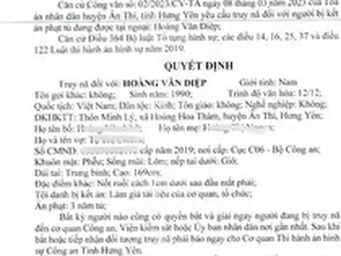 Quyết định truy nã Hoàng Văn Điệp SN 1990